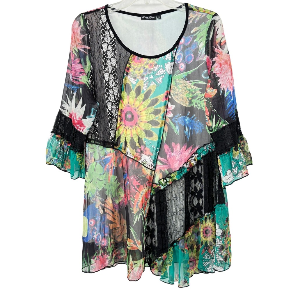 Dor Dor Couture Patchwork Floral Lace Sheer Tunic Top M Boho Artsy Romantic